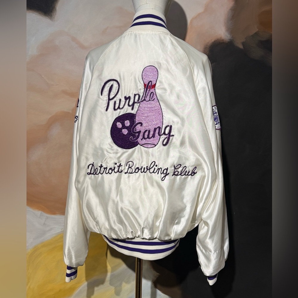 VNTG “Purple Gang Detroit Bowling Club” Satin Jacket - White & Purple